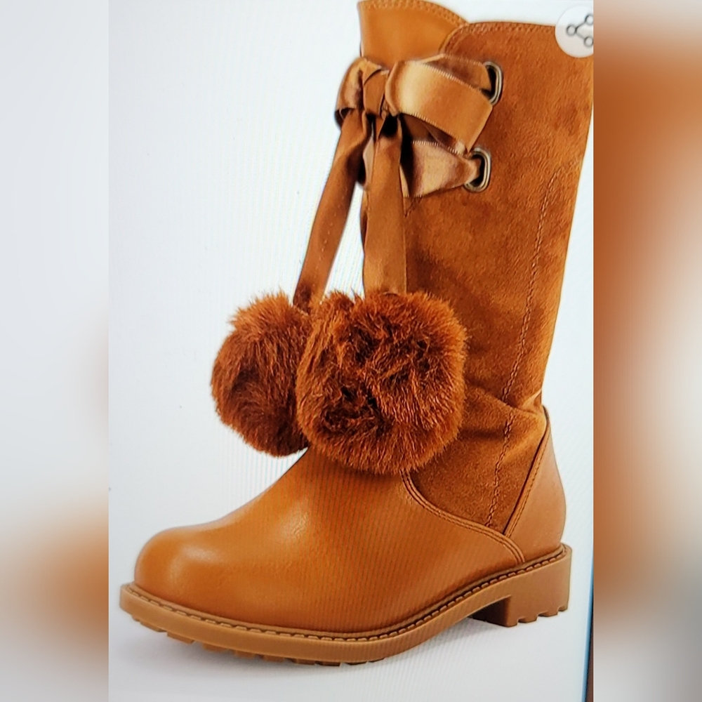 NIB COUTGO BOOTS MIDCALF LUG SOLE  SIDE ZIPPER BOW KNOT POM POM GIRLS SI… - Picture 2 of 11